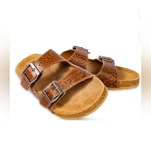Myra Shoes Western Hand-Tooled Sandals Footo Cork Flats Open Leather Straps NEW - Picture 5 of 7